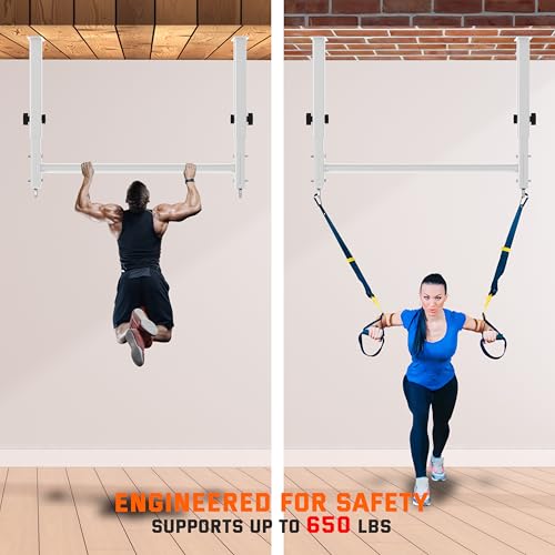 48" Ceiling Mount Pull Up Bar, Heavy Duty Multi-Grip Rafter Chin Up Bar for Garage/Basement/Backyard Ceiling Beam, Adjustable Height&Supports to 650 Lbs - color: White
