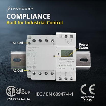 4 Pole Contactor 120v Coil Normally Open (NO) 110/120VAC Coil, Motor Load 40a and Lighting Load 60A, AC Contactor - Bundle with Programmable Timer Relay and DIN Rail 35 x 150 mm - style: 4 Poles Contactor + Timer