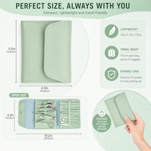 Nail Kit Clippers Pedicure Tools for Feet-Professional Travel Nail Kit 16pcs Grooming Kit Portable Case - color: 16 Green Items
