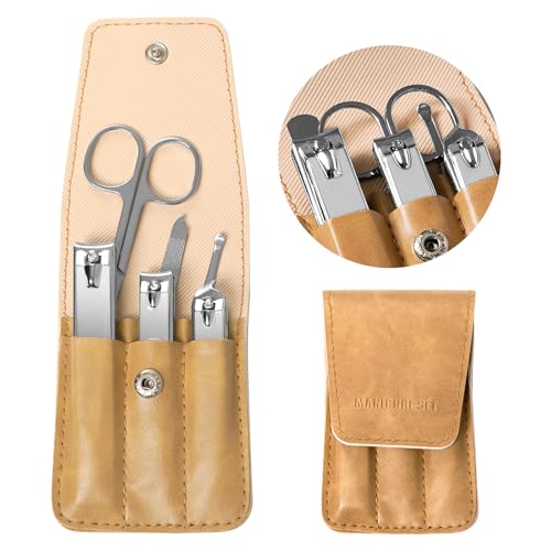 6 PCS Premium Stainless Steel Nail Clippers Set, Professional Manicure Pedicure Kit with Snap Fastener PU Leather Case, Travel Grooming Kit, Ideal Gift for Men and Women(D-Khaki) - color: D-brown