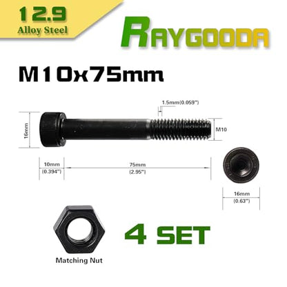 M10-1.5x75 Socket Head Cap Screw and Nut Kit 4set, Grade 12.9 Alloy Steel, Black Oxide Finish, Partially Thread, High Tensile Strength for Automotive, Machinery & Heavy Duty Use - size: M10x75mm(4 Sets）