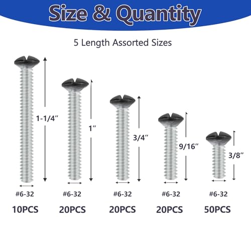 120 pcs Wall Plate Screws, Black Outlet Screws 6-32 Thread Light Electrical Cover Panel Switch Plate Screws 5 Length Sizes (3/8", 9/16", 3/4", 1", 1.2") - color: Black, size: 3/8", 9/16", 3/4", 1", 1.2"