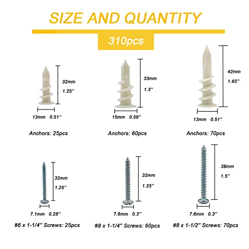 3 Sizes Self Drilling Drywall Anchors, 310PCS Nylon Plastic Wall Anchors and Screws for Drywall, No Pre Drill Hole Preparation Required,13x32mm,15x33mm,13x42mm