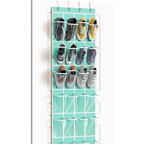 Simple Houseware 24 Pockets Clear Over the Door Shoe Organizer, Turquoise | 64" x 19", 4 Durable Metal Hooks, 4.3" x 9.5" Pocket Size, Multipurpose - color: Turquoise, size: Large Pockets
