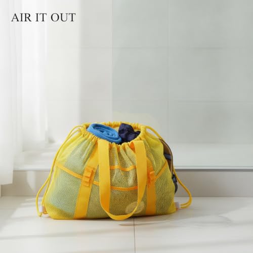 Mesh Drawstring Gym Bag, Breathable Nylon Storage for Wet Gear and Sports Equipment, 17 x 15 Inch (1 PC) - color: Yellow