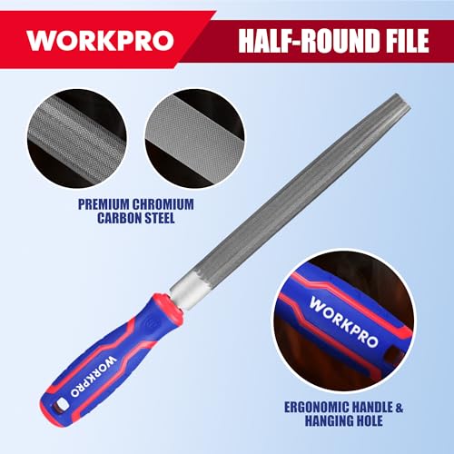 WORKPRO 8-Inch Metal File Set, 3-Piece Flat Half Round Round Files | Carbon Steel Files with Wire Brush & Storage Pouch for Woodworking, Metalworking, Shaping and Smoothing - size: 3-Piece Metal File Set