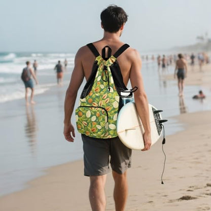 Yuiboo Cute Green Leafs Nuts Drawstring Gym Bags Climbing Gym Bag with Inside Pockets Cinch Back Sack Waterproof