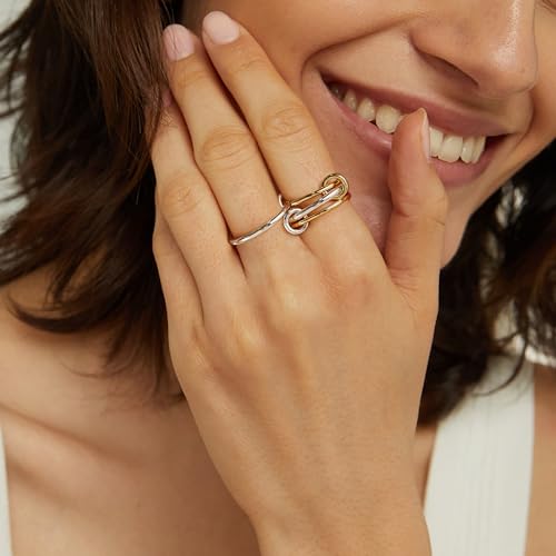 NOKMIT 14K Gold Plated 4 Interlocking Stackable Rings Set with CZ Cubic Zirconia Gold & Silver Mixed Metals Multi-Link Connected Statement Bands for Women Hypoallergenic Non Tarnish Jewelry Gifts - style: *Classic Interlocking Rings