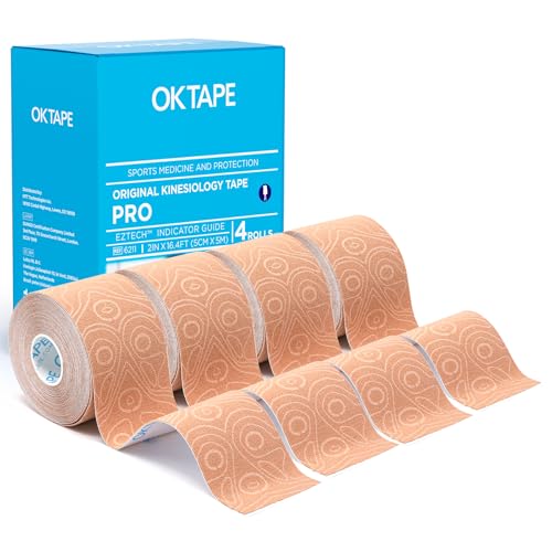 OK TAPE PRO Kinesiology Tape Uncut Roll Bulk, Elastic Physical Therapy Tape | 2 Inch Athletic Tape for Pain Relief, Muscle Support, Kinetic Tape, Water Resistant, 16.4Feet -Beige 4 Rolls - color: Beige, size: 4 pack