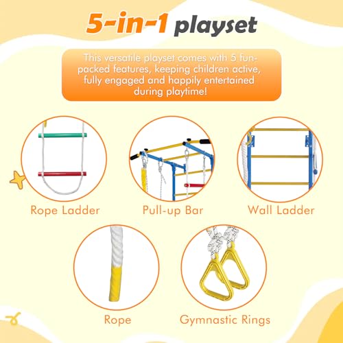 5in1 Climbing Toy Set, Steel Ladder wall kit (Including Ladder wall, Horizontal Bars, Ropes, Gymnastic Rings, and a Sturdy wall), a Set of Climbing ladders for Boys and Girls as Gift.