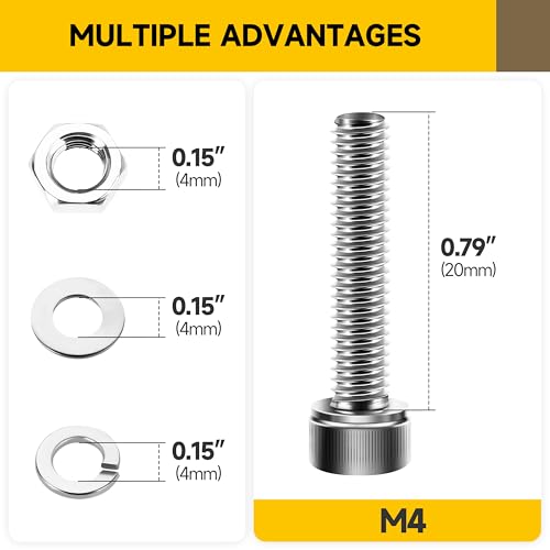 Mywish (100Sets) M4 Bolts, M4 x 20mm Socket Head Cap Screws Bolts, 304 Stainless Steel Allen Socket Hex Drive Screws, Bright Finish M4 Screw Kit with Nuts and Washers & Hex Spanner - size: M4 x 20mm