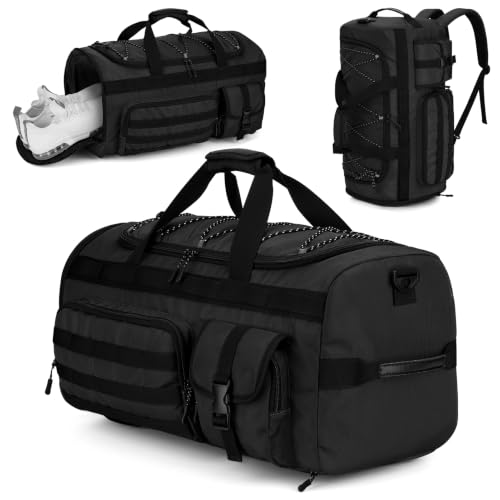 Gonex 45L Tactical Duffel Bag, 3-in-1 Gym & Travel Bag | Shoe compartment, Tactical gear loops, Water-repellent lining, 5 zip pockets, Weekend travel - color: Black, size: 45L