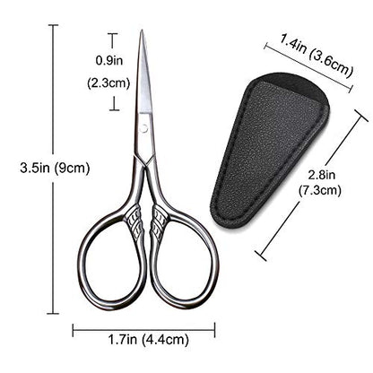 Small Precision Scissors, 3.5in Beauty Grooming Kit | Stainless Steel, Multi-Purpose Travel Tools for Facial Hair, Eyebrow, Eyelash, Beard, Moustache Trimming, with PU Sheath - color: Stainless Steel Color