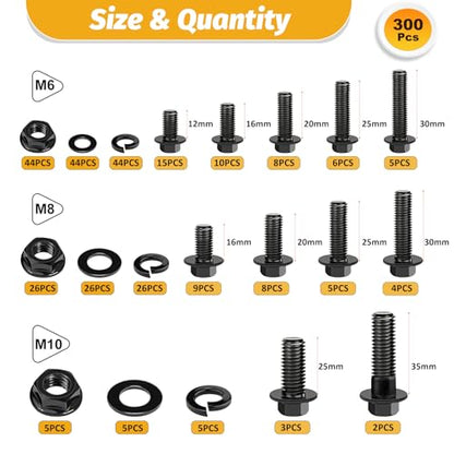 Kadrick Metric Flange Bolt Assortment. 300Pcs M6 M8 M10 Bolt Kit,M6 x1.0 M8 x1.25 M10-1.25 (12mm to 35mm) Hex Bolts Nuts and Washers Kit,Black Zinc Plated - size: M6 M8 M10 300Pcs Flange HEX