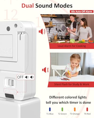 Digital Kitchen Timer with 4 Channel, Loud Alarm and Silent Mode | Magnetic Cooking Timer with Count Up & Countdown for Kids and Seniors, Large Display to Read, Auto Memory, Battery Included - color: White