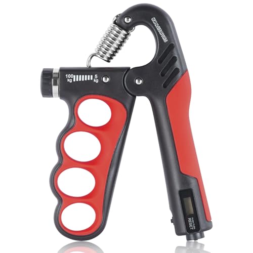 Grip Strength Trainer, Adjustable Resistance Forearm Strengthener with 11-220Lbs (5-100KG), Digital Counter, Ergonomic Hand Gripper Strengthener for Musicians, Athletes & Injury Recovery - color: Red