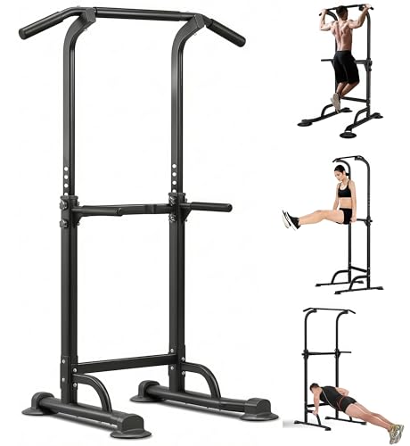 Adjustable Power Tower Pull Up Bar Dip Station, Free Standing Pull Up Rack Dip Station for Home Gym, 400LBS Capacity Height Heavy Duty Multi-Function Home Strength Training Fitness Workout Equipment - color: Black