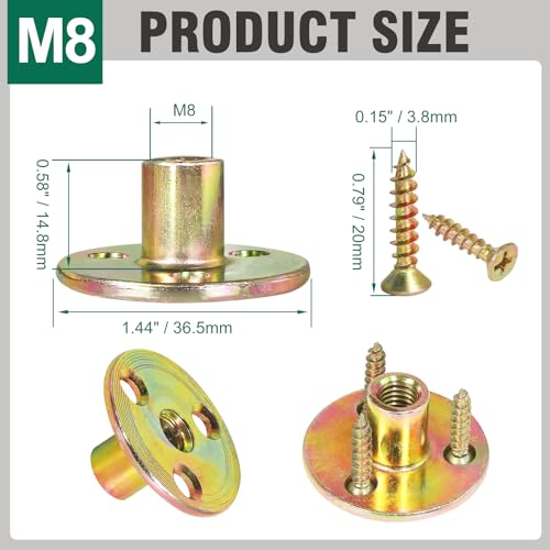 FoDau770 M8 Brad Hole T-Nut with Screws, Zinc Plated Carbon Steel 3-Hole T-Nuts, Insert Female Thread Mounting Fastener for Wood Furniture and DIY Project - 16 Set (64 Pieces) - size: M8