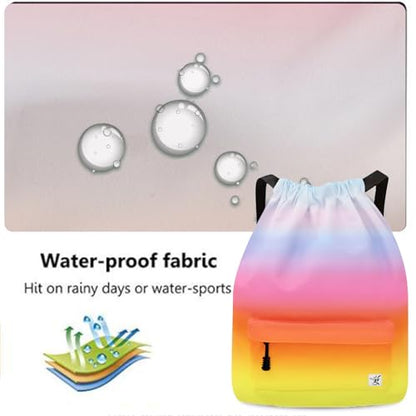 Waterproof Drawstring Bag, Gym Bag Sackpack Sports Beach Backpack for Men Women - color: 08-gradual Rainbow