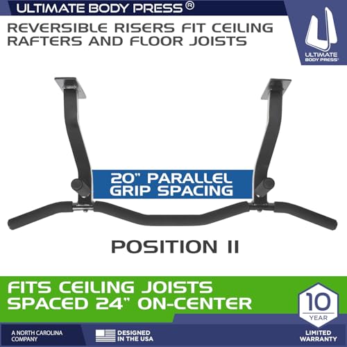 Ceiling Mount Pull Up Bar with Reversible Risers for 16 and 24 Inch Joists with Optimum Grip Spacing by Ultimate Body Press - color: Ceiling Mount Pull Up Bar