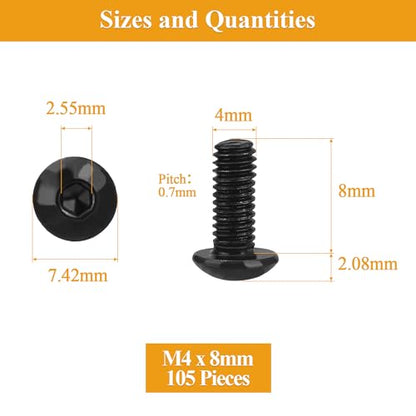 105 Pieces M4 x 8mm Button Head Socket Cap Screws, Thread Pitch 0.7mm, Sutemribor M4 Black Screws, 10.9 Grade Alloy Steel, Black Oxide Finish, Fully Threaded - size: M4 x 8mm, style: Button Head