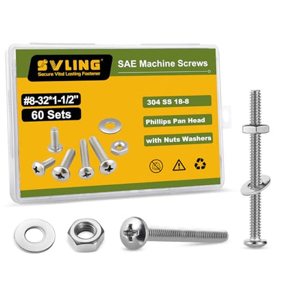 #8-32 x 1-1/2" Pan Head Machine Screws Nut Bolt Washer Assortment Kit,(60 Sets) 304 Stainless Steel 18-8 Phillips Drive Full Thread Assorted - size: #8-32 x 1-1/2"