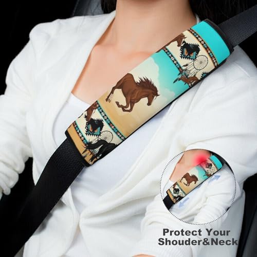 2PCS Breathable Seat Belt Cover for Adults and Children, Most Cars, Ethic Tribal Western Horses Aztec Shoulder Harness Cover, Shock Absorption - color: Pattern 160
