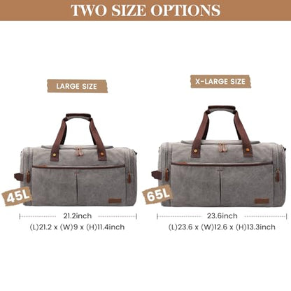 S-ZONE 65L Expandable Canvas Duffle Bag Travel Overnight Holdall Weekend Bag with Shoes Compartment Large Carry On Bag Tote Gym Bag for Men Women, Light Gray, X-Large, Travel Duffle | Water-resistant, X-Large Size, Multi-Pockets, Removable Shoulder Strap,