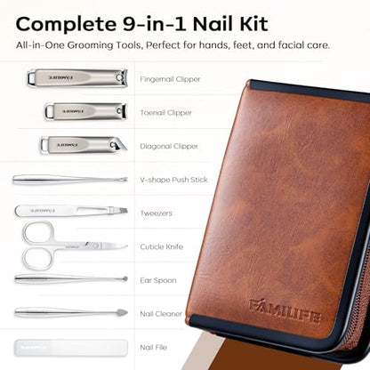 FAMILIFE Nail Care Kit 9-in-1 Professional - Carbon Steel Cuticle Scissors, Fingernail & Toenail Clippers for Nails, Manicure Set Travel Grooming Kit with Case (Brown) - color: Brown