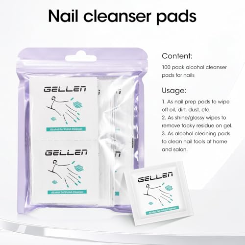 GELLEN Nail Cleanser Pads, 100 Pack Alcohol Prep Pads Individually Wrapped | Nail Cleanser Wipes Remove Tacky Residue, Lint-free Glossy Wipes for Acrylic/Builder/Gel Polish Travel for Perfect Manicure - size: 100PCS
