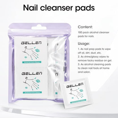 GELLEN Nail Cleanser Pads, 100 Pack Alcohol Prep Pads Individually Wrapped | Nail Cleanser Wipes Remove Tacky Residue, Lint-free Glossy Wipes for Acrylic/Builder/Gel Polish Travel for Perfect Manicure - size: 100PCS