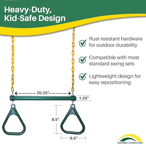 Eastern Jungle Gym Heavy-Duty Ring Trapeze Bar Combo | Large 20" Trapeze Swing Bar with Triangular Gymnastic Rings and Pinch-Free Coated Swing Chains 43" Long