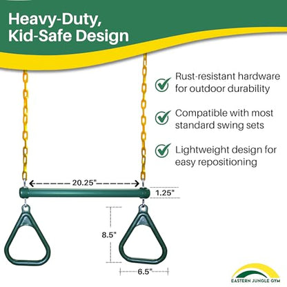 Eastern Jungle Gym Heavy-Duty Ring Trapeze Bar Combo | Large 20" Trapeze Swing Bar with Triangular Gymnastic Rings and Pinch-Free Coated Swing Chains 43" Long