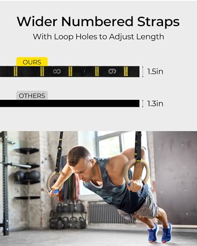 PACEARTH Gymnastics Rings 32mm Wooden Olympic Rings Support 1500lbs Locked Carabiners 9ft Double-Layer Numbered Straps Non-Slip Gym Rings with Foot Straps Door Anchor for Home Gym Full Body Workout - style: 01-1.25" Buckle Rings & Straps & Door Anchor & F
