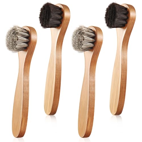 4 Pcs Horsehair Shine Shoes Brush Kit Polish Dauber Applicators Cleaning Leather Shoes Boots Care Brushes Suede Cleaner Brush with Microfiber Shoe Cloth(Wooden Handle B) - style: Wooden Handle B