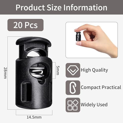 20 Pcs Plastic Cord Locks,Cord Lock for Paracord,Drawstring,Shoelaces | Shoe Lace Tie Locks,Spring Cord Locks for Drawstring,Shoelaces,Cloth and Backpacks String Clip Replacement(Black)