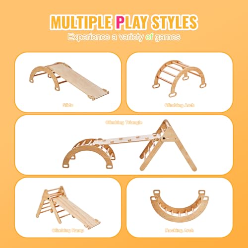 Happybuy 5-in-1 Toddler Climbing Set, Montessori Pikler Triangle, Ramp & Arch, Medium Wooden Playground for 1-3 Years, Indoor Climbing Gym, Wood Color