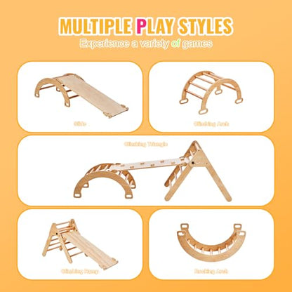 Happybuy 5-in-1 Toddler Climbing Set, Montessori Pikler Triangle, Ramp & Arch, Medium Wooden Playground for 1-3 Years, Indoor Climbing Gym, Wood Color