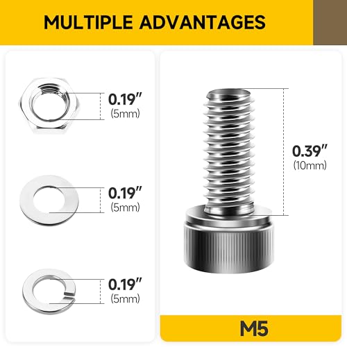 Mywish (50Sets) M5 Bolts, M5 x 10mm Socket Head Cap Screws Bolts, 304 Stainless Steel Allen Socket Hex Drive Screws, Bright Finish Screw Kit with Nuts and Washers & Hex Spanner - size: M5 x 10mm