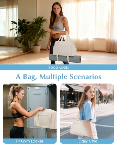 Small Gym Bag, Mini Gym Bag with Yoga Mat Holder & Wet Compartment, Beige | Yoga Mat Bag, Water Bottle Pocket, Detachable and Adjustable Shoulder Strap, Mini Duffle Bag for Workout Travel Dance - color: Beige