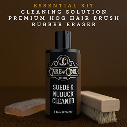 Care & Cool Suede & Nubuck Cleaner Kit, 8 oz, 100% Hog Hair Brush & Eraser | Helps Lift Dirt & Refresh Nap, Odorless & Non-Sticky Formula, Firm Yet Gentle Bristles, Suitable for Leather, Canvas & Knit