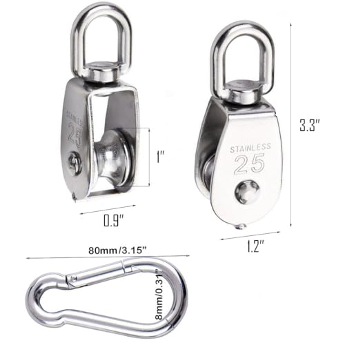 TooTaci 25MM Pulley System, 2 Pcs M25 304 Stainless Steel Pulleys Block | 66ft Nylon Rope & Spring Snap Hook, Single Pulley Wheel for Indoor Outdoor Lifting Project - size: 4MMrope