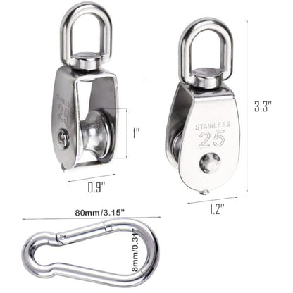 TooTaci 25MM Pulley System, 2 Pcs M25 304 Stainless Steel Pulleys Block | 66ft Nylon Rope & Spring Snap Hook, Single Pulley Wheel for Indoor Outdoor Lifting Project - size: 4MMrope