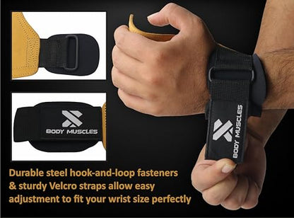 Leather Weightlifting Grips - Double Layer Leather Weight Lifting Grips for Powerlifting - Neoprene Padded Weight Lifting wrist Straps Gym with Metal Hooks - Deadlift Straps