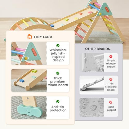 Tiny Land Pikler Triangle Set,7-in-1 Foldable Montessori Climbing Toys | Indoor Wooden Playground Jungle Gym for Kids, Climber Gift for Boys & Girls Toddler Climbing Toys (Rainbow)
