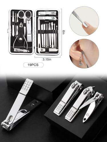 19 PCS Nail Clippers Set with Leather Case Stainless Steel Professional Grooming Kits Nail Care Tools for Fingernail and Toenail