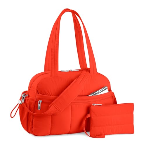 TOPDesign Travel Duffel Bag for Women, Puffer Gym Bag Sports Tote with Wet Pocket, Carry On Weekender with Luggage Sleeve (Red Orange) - color: Red Orange