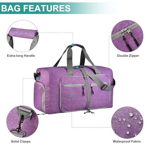 Dimayar 65L Foldable Duffle Bag, Travel & Weekender, Overnight, Gym | Lightweight, Carry-on, Packable, Waterproof & Tear Resistant, Travel Duffel Bag with Shoes Compartment for Men Women - color: Purple, size: 65L
