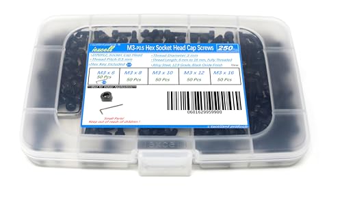 iexcell 250 Pcs M3 x 6/8/10/12/16 Alloy Steel 12.9 Grade Hex Socket Head Cap Screws Bolts Assortment Kit, Black Oxide Finish - size: M3 x 6/8/10/12/16mm