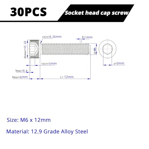 M6-1.0 x 12mm Socket Head Cap Screws Cap Bolts, 12.9 Grade Alloy Steel Black Oxide, Allen Socket Drive, Machine Full Thread, 30 PCS (8mm-80mm Available) - size: M6x12mm(30PCS)